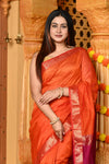 Gaurangi ~ Handloom Cotton Silk Saree with  Golden Border in Exclusive Orange and Pink