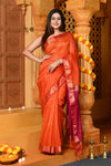 Gaurangi ~ Handloom Cotton Silk Saree with  Golden Border in Exclusive Orange and Pink