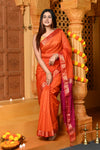 Gaurangi ~ Handloom Cotton Silk Saree with  Golden Border in Exclusive Orange and Pink