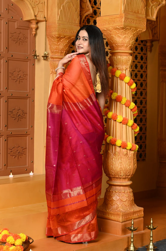 Gaurangi ~ Handloom Cotton Silk Saree with  Golden Border in Exclusive Orange and Pink