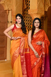 Gaurangi ~ Handloom Cotton Silk Saree with  Golden Border in Exclusive Orange and Pink