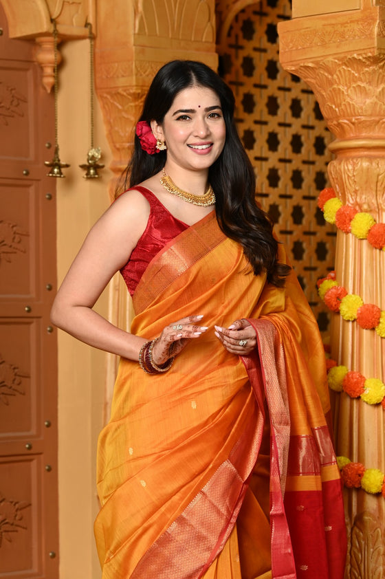 Gaurangi ~ Handloom Cotton Silk Saree with  Golden Border in Exclusive Dual Tone Yellow Red