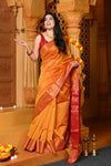 Gaurangi ~ Handloom Cotton Silk Saree with  Golden Border in Exclusive Dual Tone Yellow Red