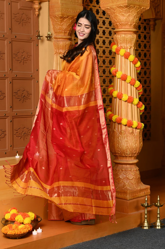 Gaurangi ~ Handloom Cotton Silk Saree with  Golden Border in Exclusive Dual Tone Yellow Red