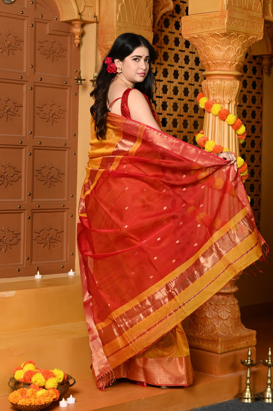 Gaurangi ~ Handloom Cotton Silk Saree with  Golden Border in Exclusive Dual Tone Yellow Red