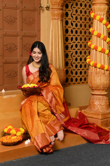  Gaurangi ~ Handloom Cotton Silk Saree with  Golden Border in Exclusive Dual Tone Yellow Red