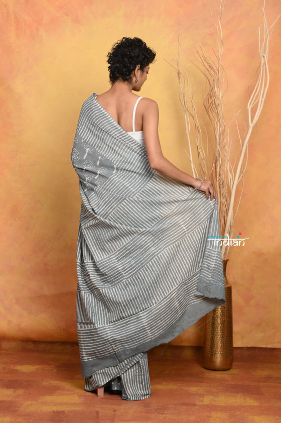 Handblock Printed Cotton Saree With Natural Dyes - Grey