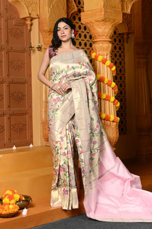  Gaurangi - Garden of Heritage – Handloom All Over Pure Silk Paithani Saree with Floral Handwork in Slake White