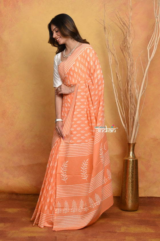 Mastaani ~ Handblock Printed Cotton Saree With Natural Dyes ~ Orange