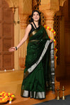 Gaurangi ~ Handloom Cotton Silk Saree with  Gold Silver Border in Exclusive Green with Vine Pallu