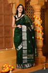 Gaurangi ~ Handloom Cotton Silk Saree with  Gold Silver Border in Exclusive Green with Vine Pallu