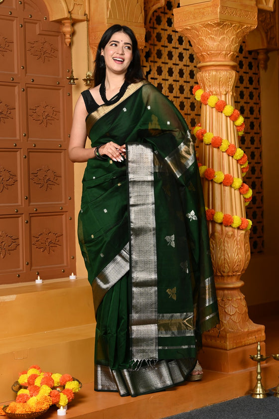 Gaurangi ~ Handloom Cotton Silk Saree with  Gold Silver Border in Exclusive Green with Vine Pallu