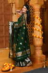 Gaurangi ~ Handloom Cotton Silk Saree with  Gold Silver Border in Exclusive Green with Vine Pallu