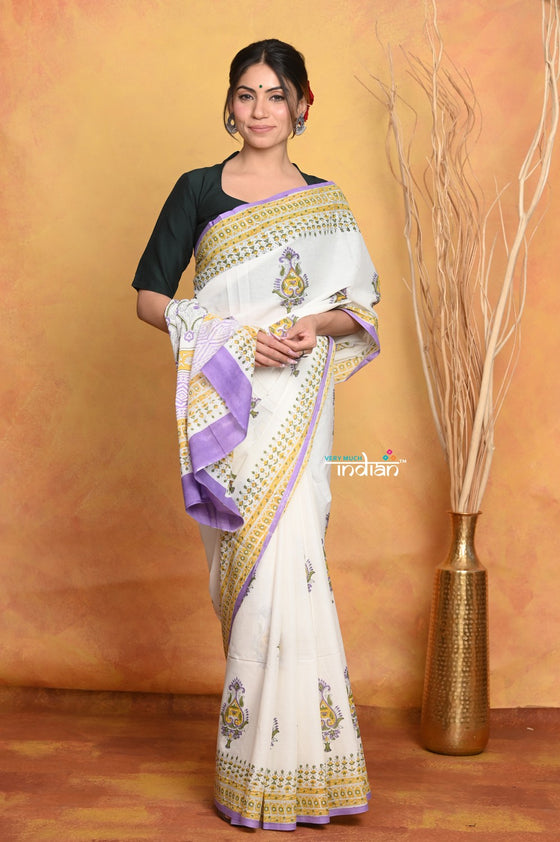 Mastaani ~ Handblock Printed Cotton Saree With Natural Dyes - White