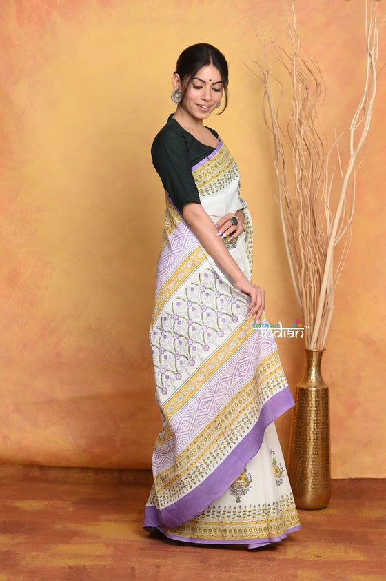 Mastaani ~ Handblock Printed Cotton Saree With Natural Dyes - White