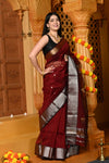 Gaurangi ~ Handloom Cotton Silk Saree with  Gold Silver Border in Exclusive Maroon with Vine Pallu