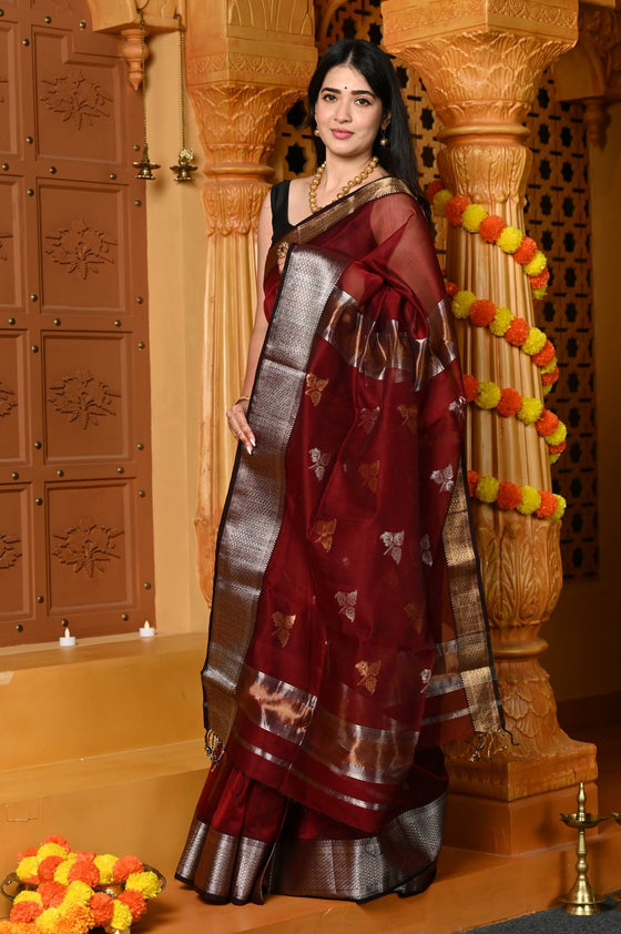 Gaurangi ~ Handloom Cotton Silk Saree with  Gold Silver Border in Exclusive Maroon with Vine Pallu
