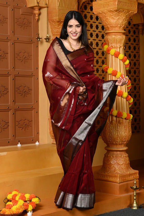 Gaurangi ~ Handloom Cotton Silk Saree with  Gold Silver Border in Exclusive Maroon with Vine Pallu