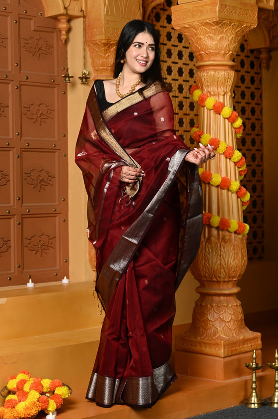 Gaurangi ~ Handloom Cotton Silk Saree with  Gold Silver Border in Exclusive Maroon with Vine Pallu