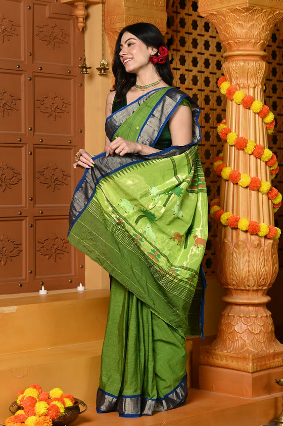 Gaurangi ~ Handloom Pure Cotton Paithani in Parrot Green and Blue with Pichwai Pallu