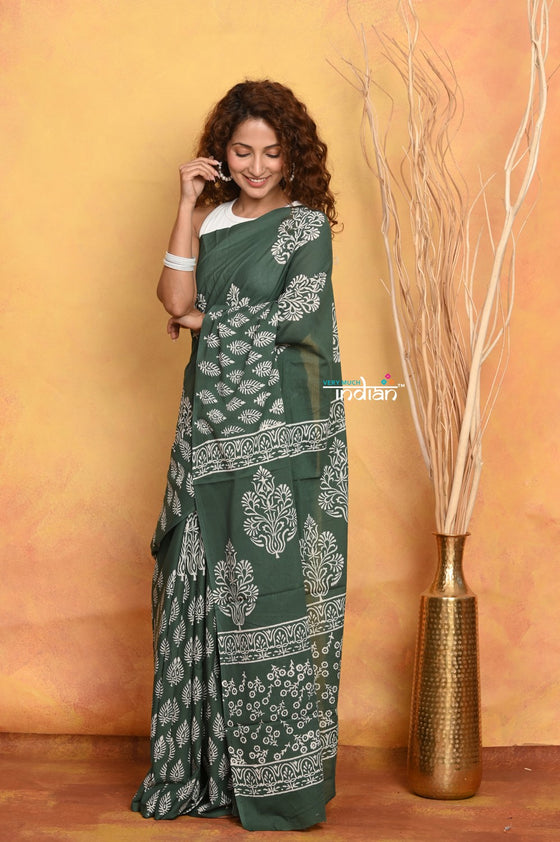 Mastaani ~ Handblock Printed Cotton Saree With Natural Dyes - Green