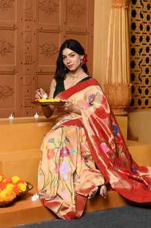  Gaurangi - Garden of Heritage – Handloom All Over Pure Silk Paithani Saree with Floral Handwork in Zari Yellow