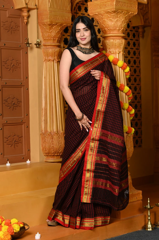 Gaurangi ~ Pure Cotton Saree in Regal Magnetic Brown with Exclusive Zari Border & Pallu