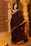 Gaurangi ~ Pure Cotton Saree in Regal Magnetic Brown with Exclusive Zari Border & Pallu