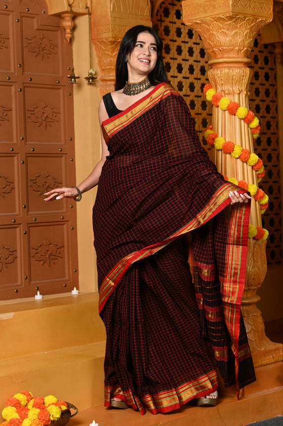 Gaurangi ~ Pure Cotton Saree in Regal Magnetic Brown with Exclusive Zari Border & Pallu