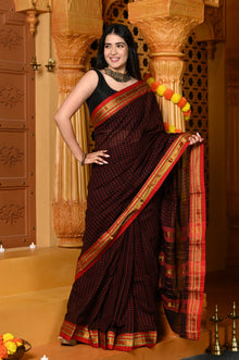  Gaurangi ~ Pure Cotton Saree in Regal Magnetic Brown with Exclusive Zari Border & Pallu