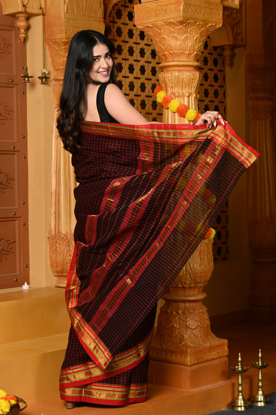 Gaurangi ~ Pure Cotton Saree in Regal Magnetic Brown with Exclusive Zari Border & Pallu