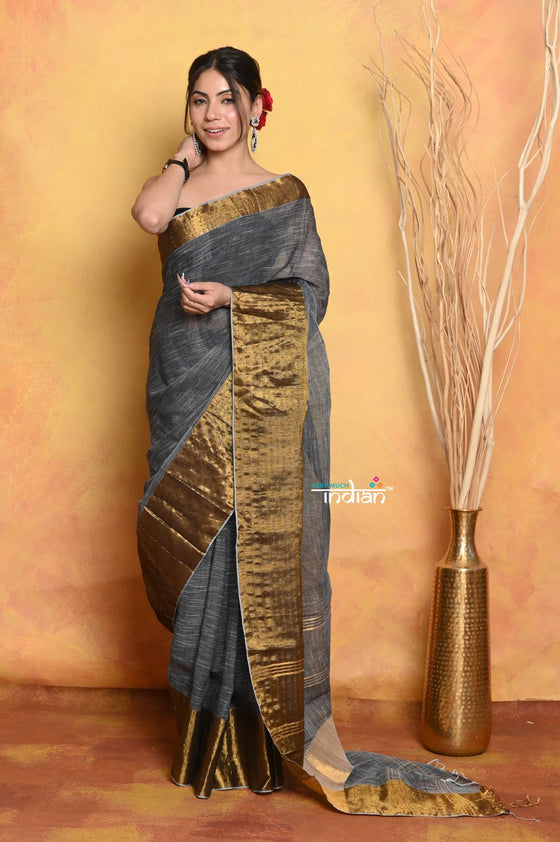 Mastaani ~ Handloom Pure Cotton Linen Saree With Golden Border - Grey Gold