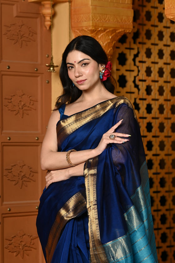 Gaurangi ~ Handloom Cotton Silk Saree with  Golden Border in Exclusive Rich Blue