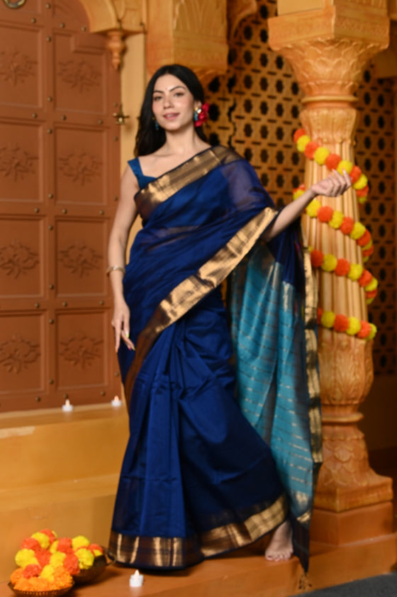 Gaurangi ~ Handloom Cotton Silk Saree with  Golden Border in Exclusive Rich Blue