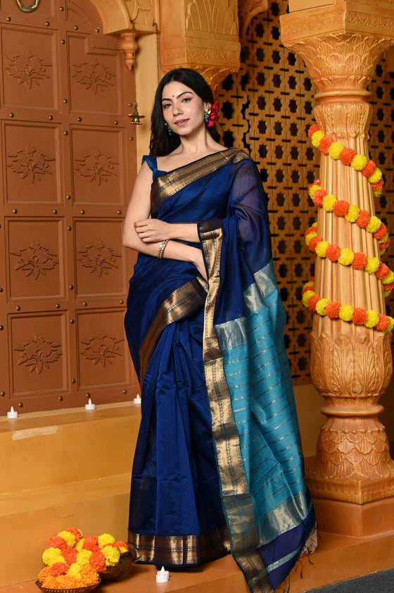 Gaurangi ~ Handloom Cotton Silk Saree with  Golden Border in Exclusive Rich Blue