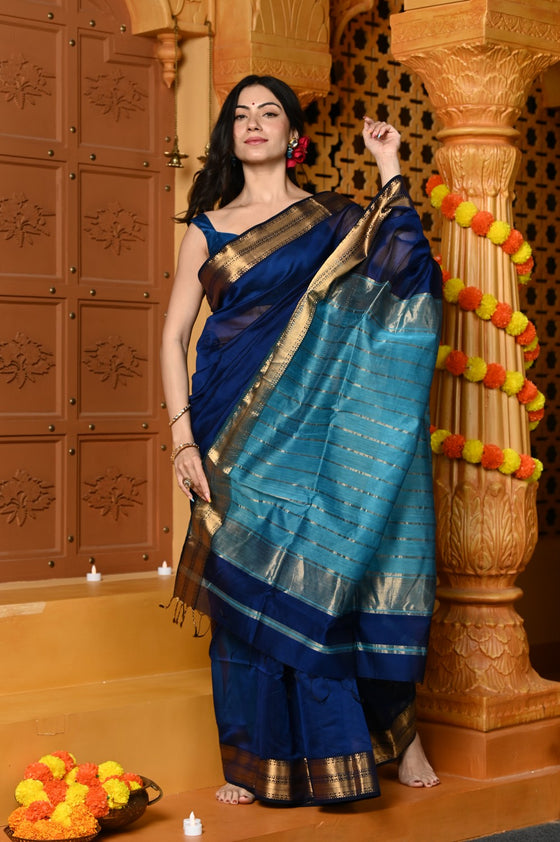 Gaurangi ~ Handloom Cotton Silk Saree with  Golden Border in Exclusive Rich Blue