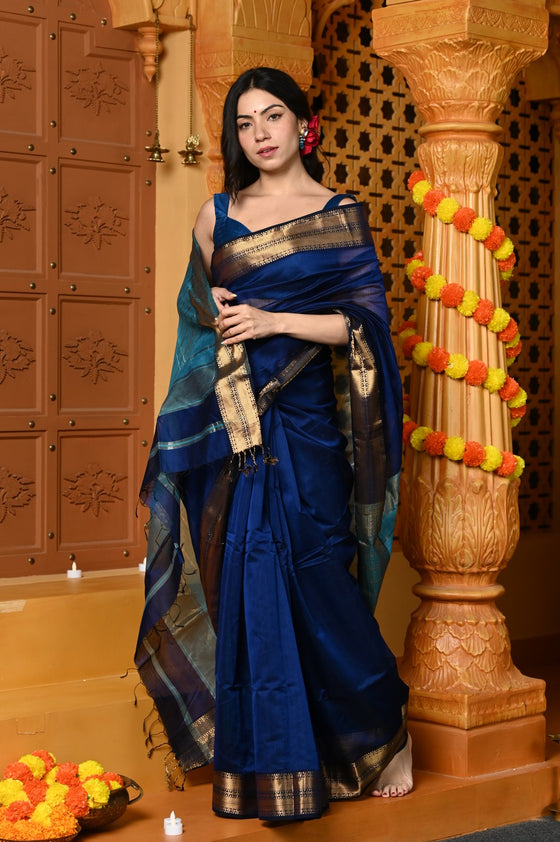 Gaurangi ~ Handloom Cotton Silk Saree with  Golden Border in Exclusive Rich Blue