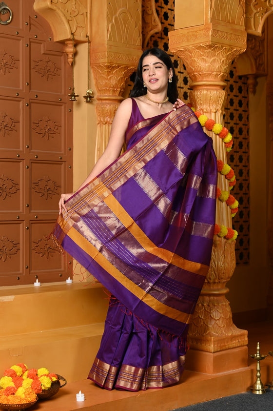 Gaurangi ~ Handloom Cotton Silk with Golden Border in Exclusive Purple
