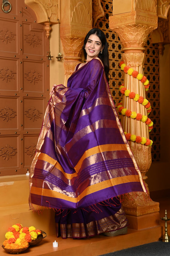 Gaurangi ~ Handloom Cotton Silk with Golden Border in Exclusive Purple