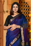 Gaurangi ~ Handloom Cotton Silk Saree with Gold Border in Exclusive Royal Blue with Rainbow Shein