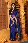 Gaurangi ~ Handloom Cotton Silk Saree with Gold Border in Exclusive Royal Blue with Rainbow Shein