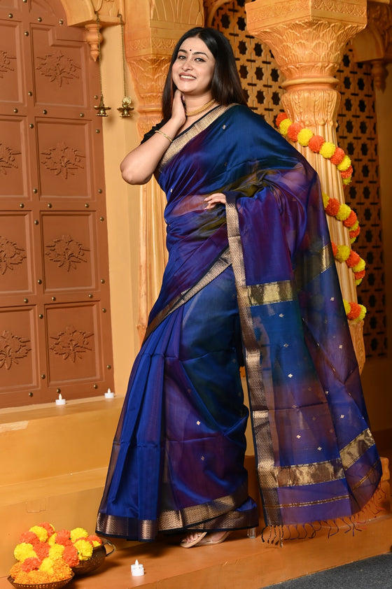 Gaurangi ~ Handloom Cotton Silk Saree with Gold Border in Exclusive Royal Blue with Rainbow Shein