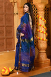 Gaurangi ~ Handloom Cotton Silk Saree with Gold Border in Exclusive Royal Blue with Rainbow Shein