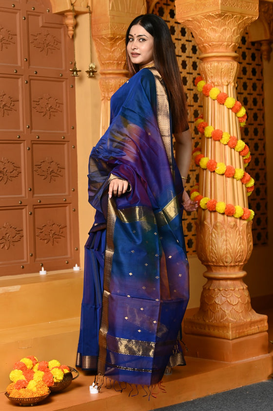 Gaurangi ~ Handloom Cotton Silk Saree with Gold Border in Exclusive Royal Blue with Rainbow Shein