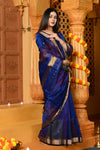 Gaurangi ~ Handloom Cotton Silk Saree with Gold Border in Exclusive Royal Blue with Rainbow Shein