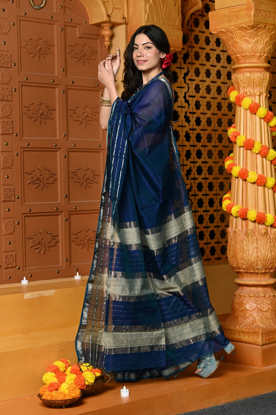 Gaurangi ~ Handloom Cotton Silk with Sleek Designer Border in Peacock Blue