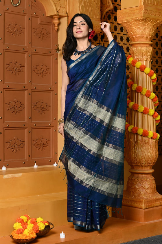 Gaurangi ~ Handloom Cotton Silk with Sleek Designer Border in Peacock Blue