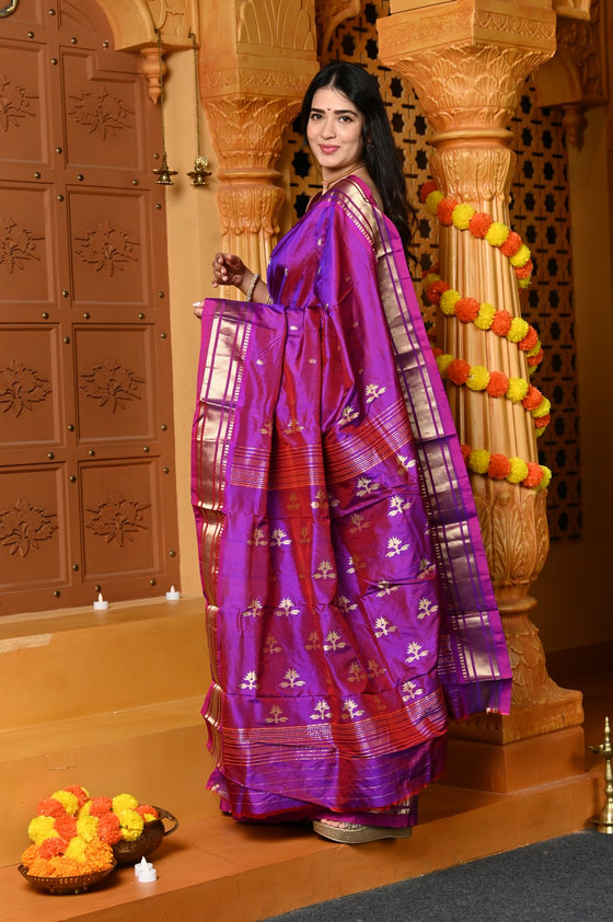 Gaurangi ~ Limited Edition Pure Silk Paithani with Asawali Pallu & Asawali Buttis in Exquisite Dual Tone Pink Purple