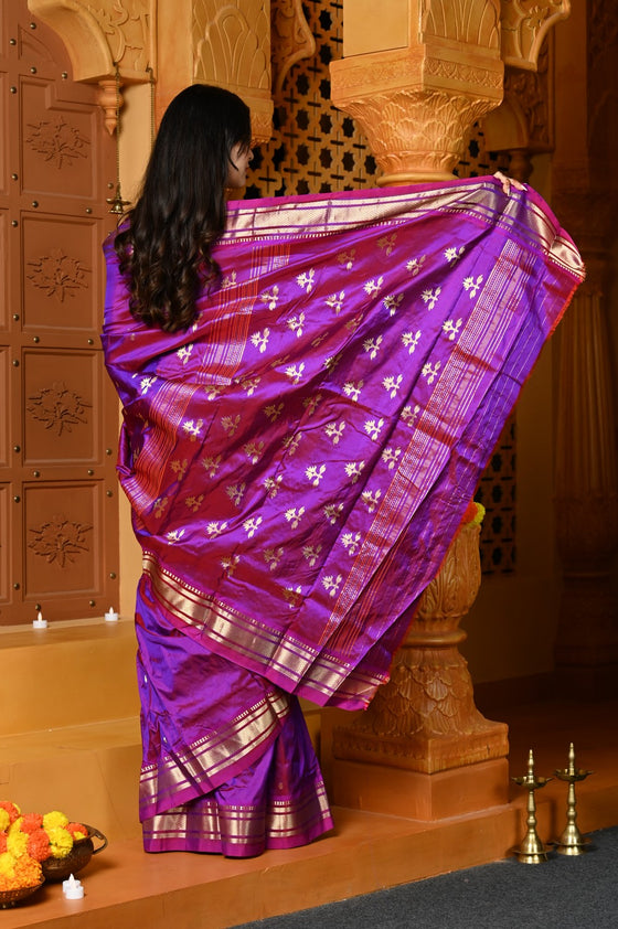Gaurangi ~ Limited Edition Pure Silk Paithani with Asawali Pallu & Asawali Buttis in Exquisite Dual Tone Pink Purple