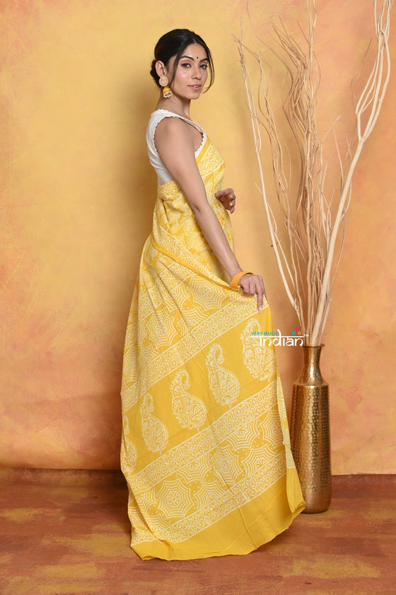Mastaani ~ Handblock Printed Cotton Saree With Natural Dyes - Yellow